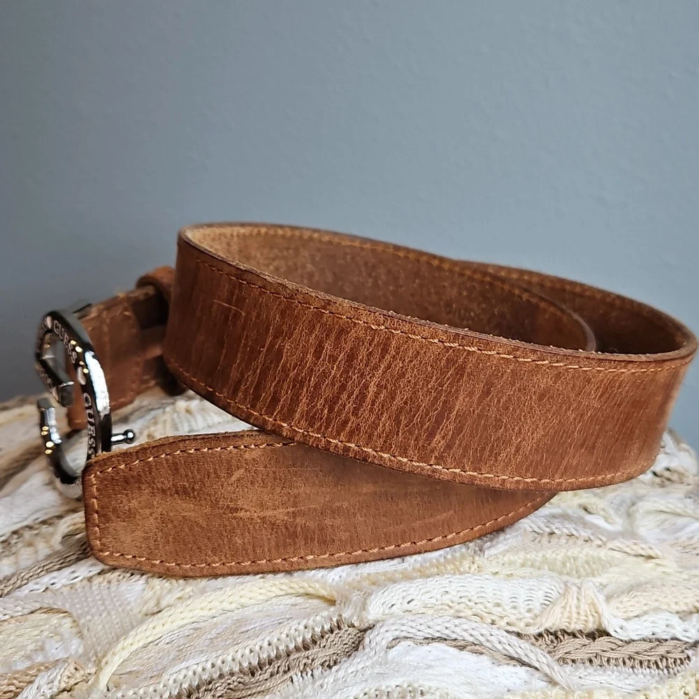Guess Belt Leather Y2K Silver G Buckle with Hearts Brown Strap Size Sm